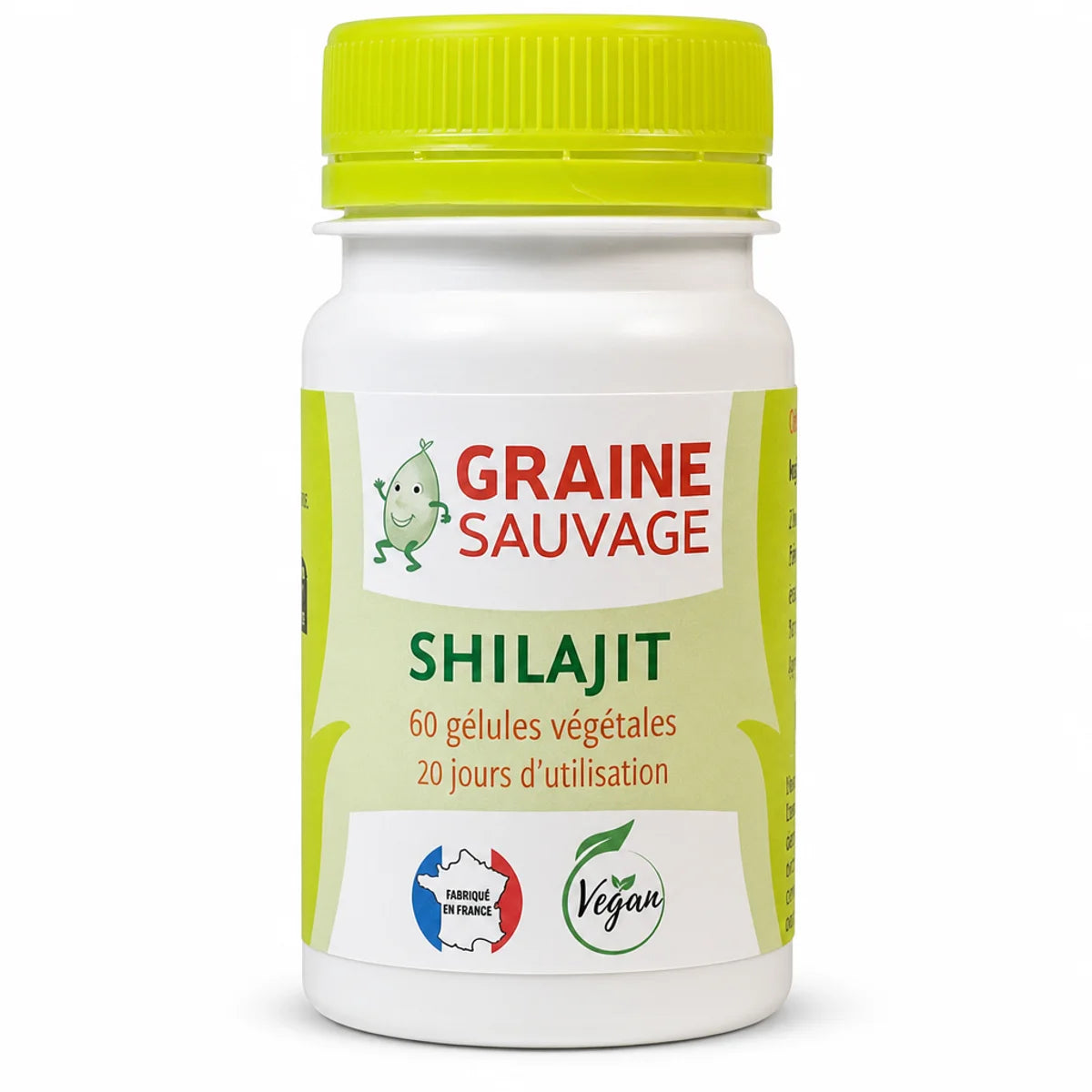 Flacon Shilajit 60 gélules végétales Graine Sauvage sur fond blanc
