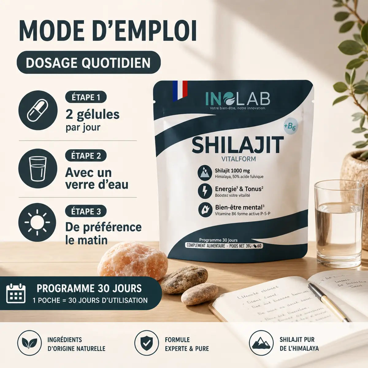 Shilajit Vitalform x60 gélules INOLAB avec mode d'emploi et dosage quotidien sur bureau