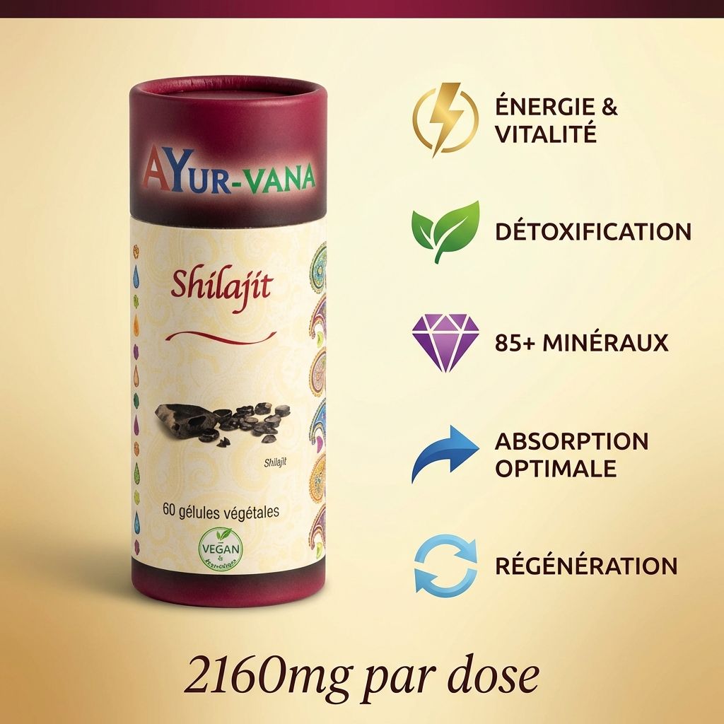 Shilajit Ayur-Vana 60 gélules avec bénéfices: énergie, détoxification, 85+ minéraux, absorption optimale