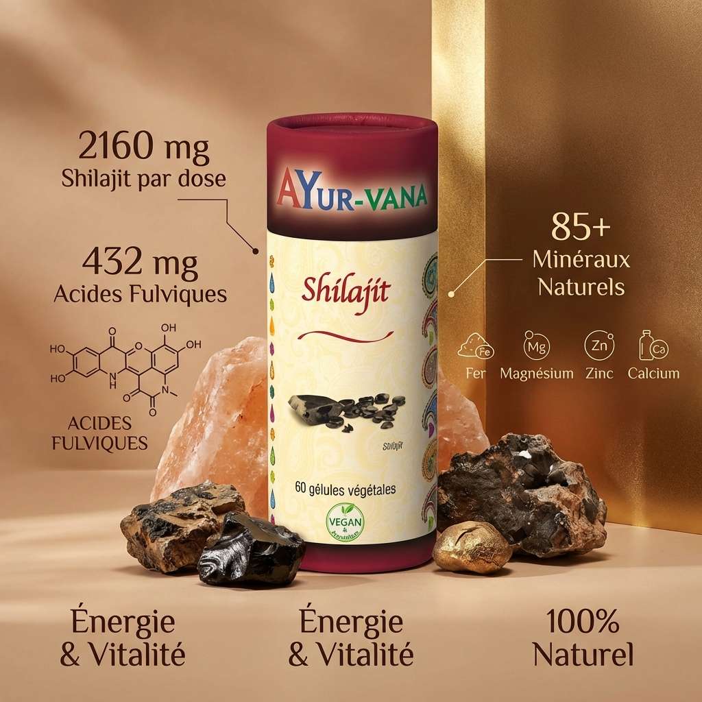 Shilajit Ayur-Vana 60 gélules avec minéraux naturels, acides fulviques et ingrédients ayurvédiques pour l'énergie
