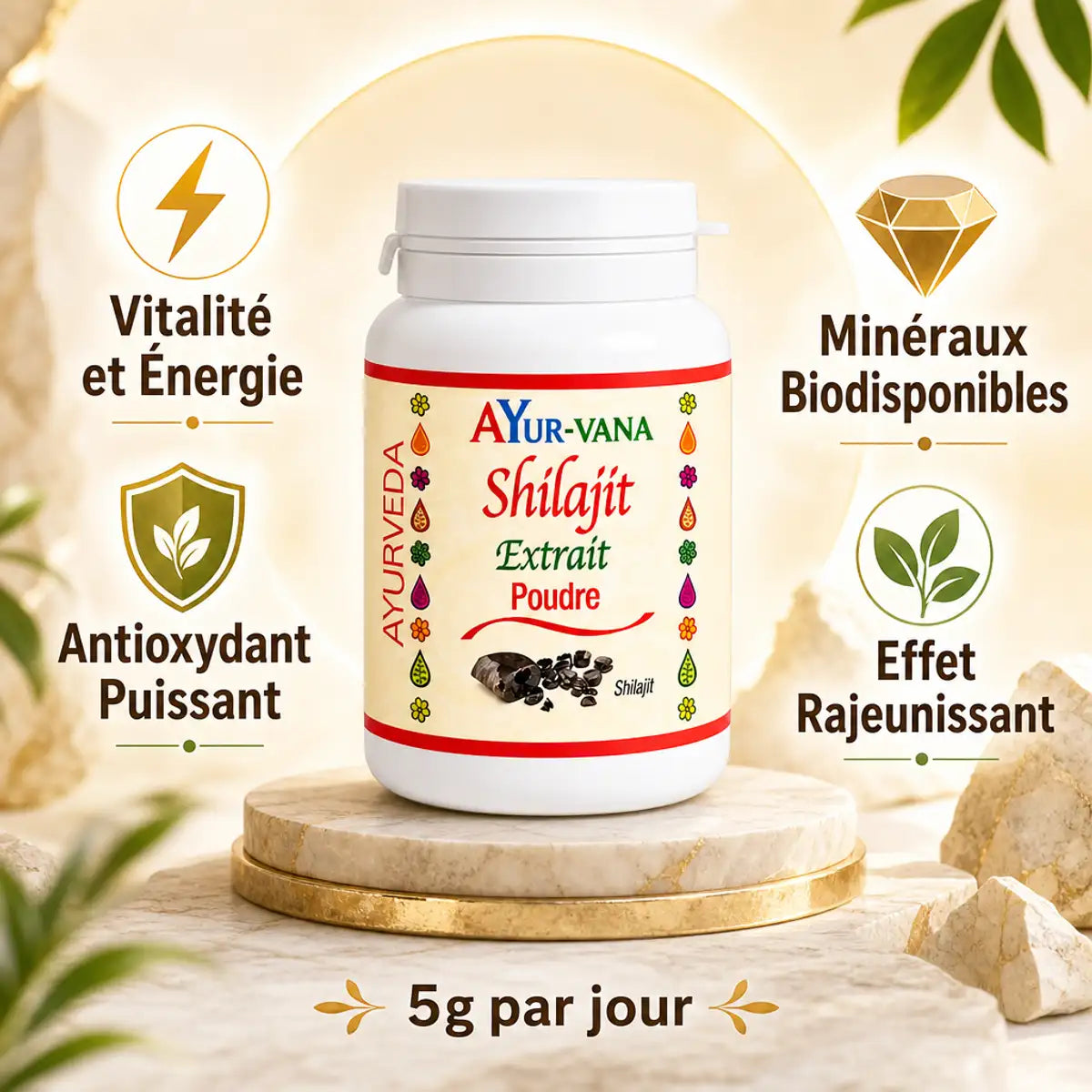 Shilajit poudre AYur-vana 100g avec bénéfices : vitalité, antioxydant, minéraux, rajeunissement