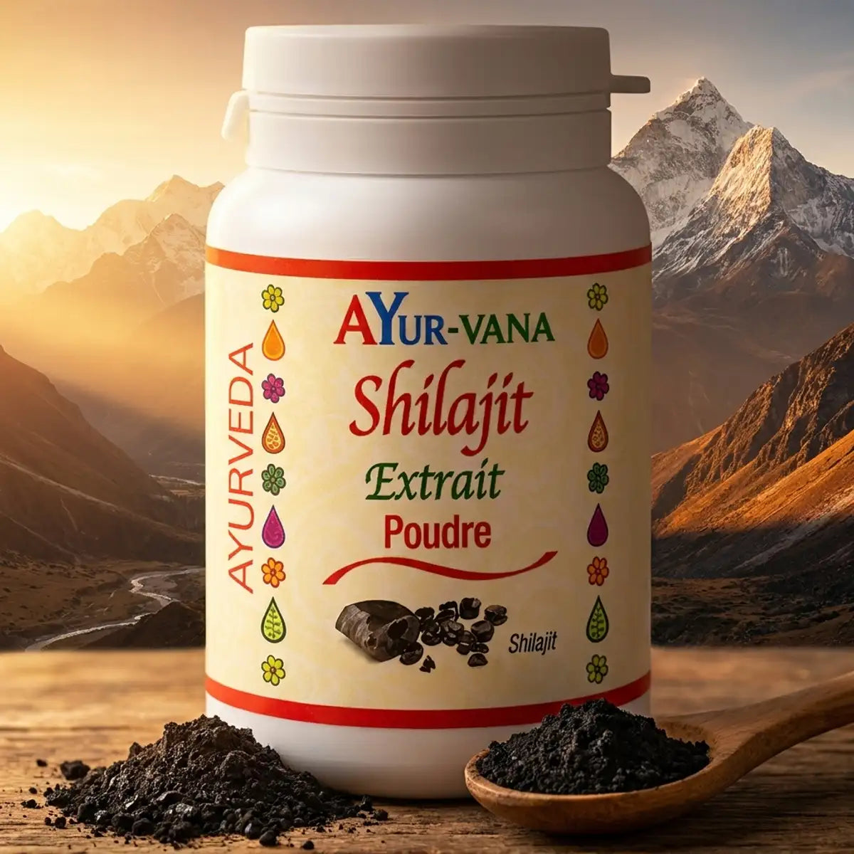Shilajit poudre 100g AYur-vana avec cuillère en bois sur fond montagne himalayenne