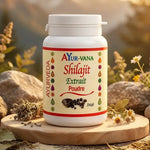 Shilajit poudre AYur-vana 100g sur fond Himalaya avec herbes naturelles et pierres