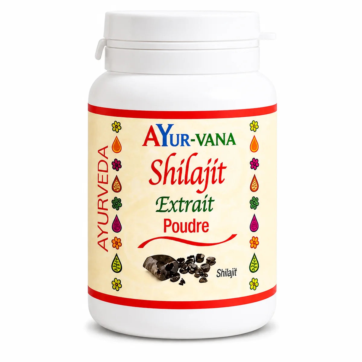 Poudre Shilajit Extrait 100g AYur-vana en flacon blanc avec étiquette crème