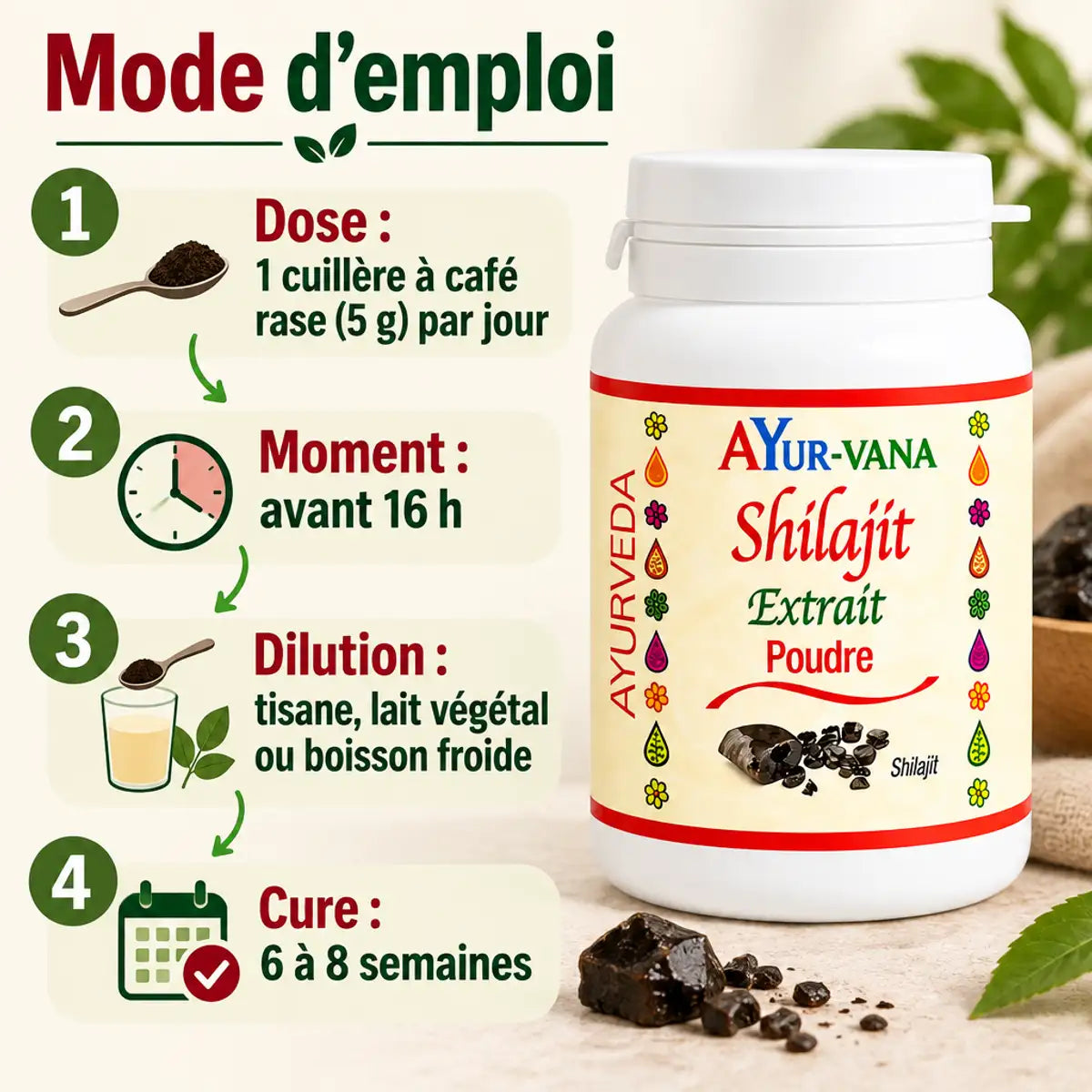 Pot de Shilajit extrait en poudre AYur-vana 100 g, avec infographie mode d'emploi en 4 étapes : dose, moment, dilution et cure.