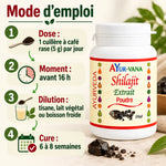 Pot de Shilajit extrait en poudre AYur-vana 100 g, avec infographie mode d'emploi en 4 étapes : dose, moment, dilution et cure.