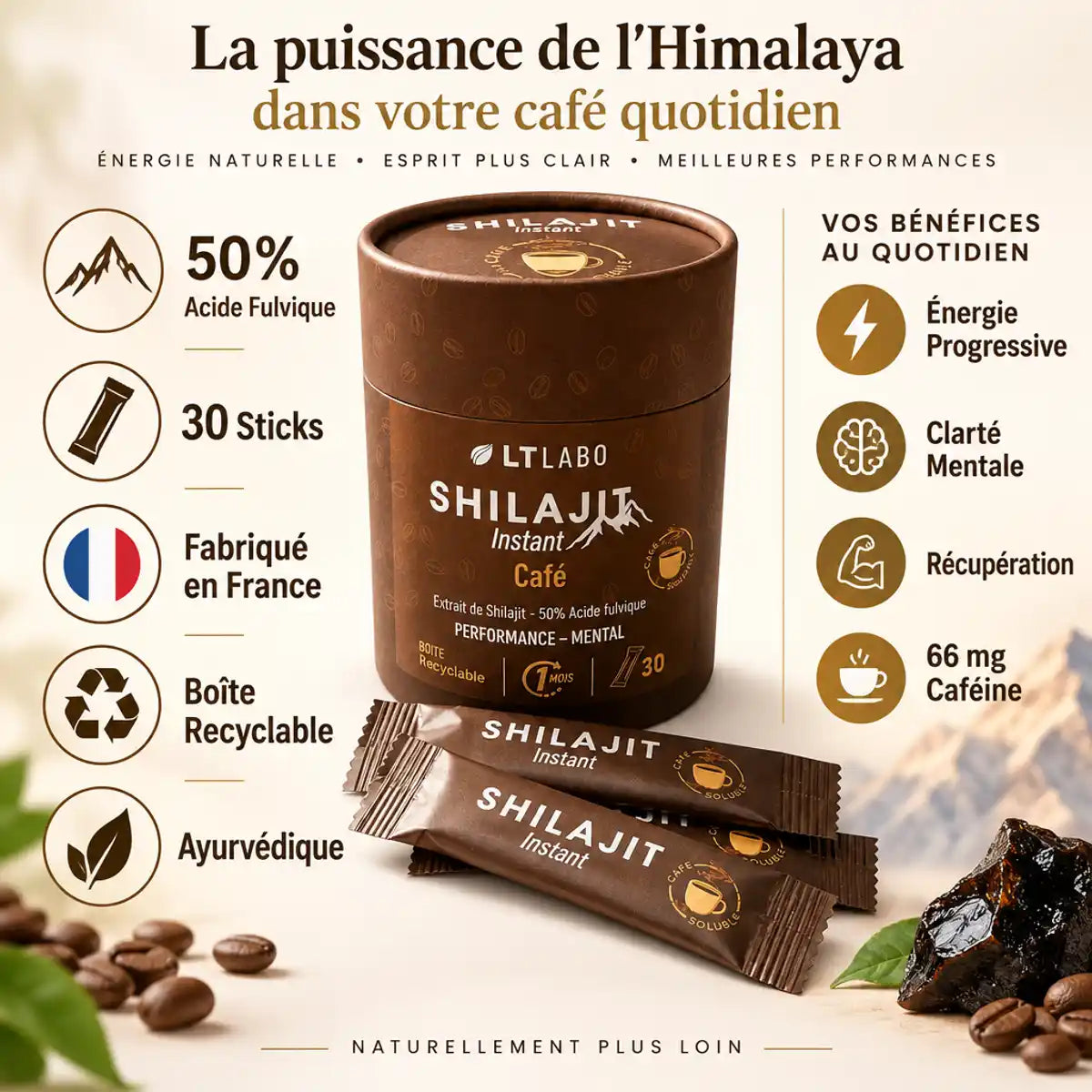 Shilajit Instant Café LT Labo 30 sticks boîte recyclable avec bâtons individuels, 50% acide fulvique