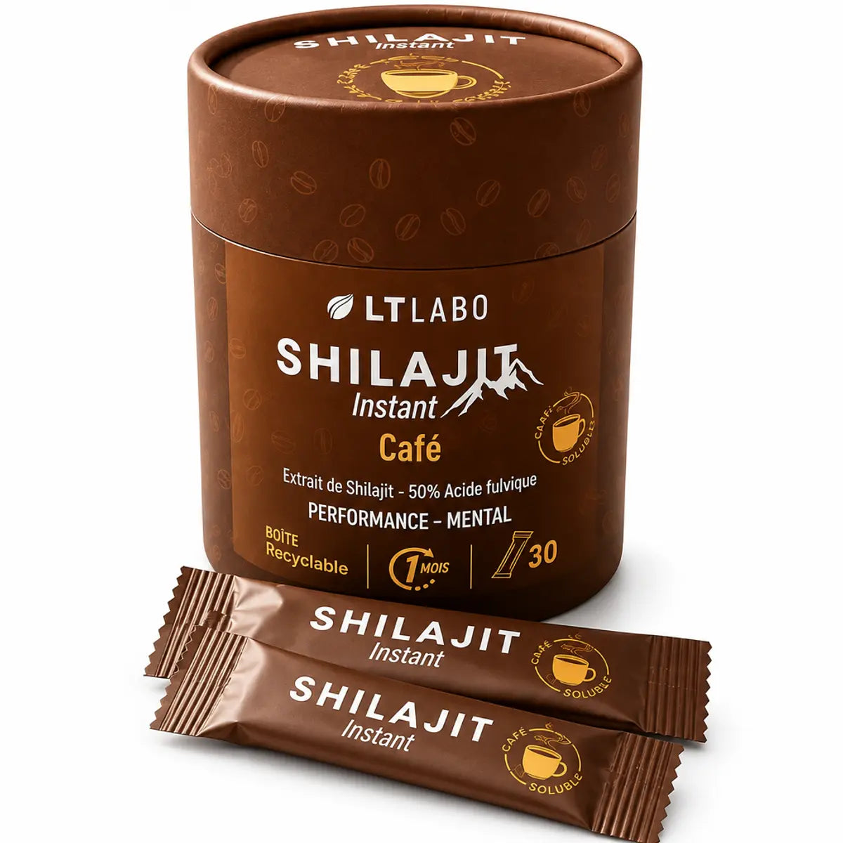 Shilajit instant café 30 sticks LT Labo - boîte marron avec étiquette or et crème