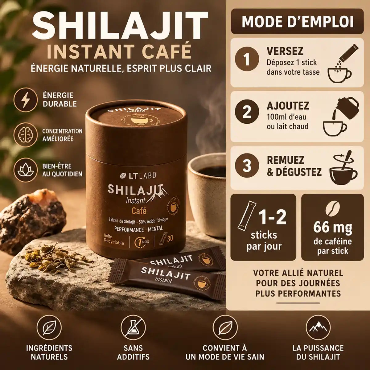 Shilajit Instant Café LT Labo packaging, sticks et tasse de café avec mode d'emploi et dosage