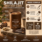 Shilajit Instant Café LT Labo packaging, sticks et tasse de café avec mode d'emploi et dosage