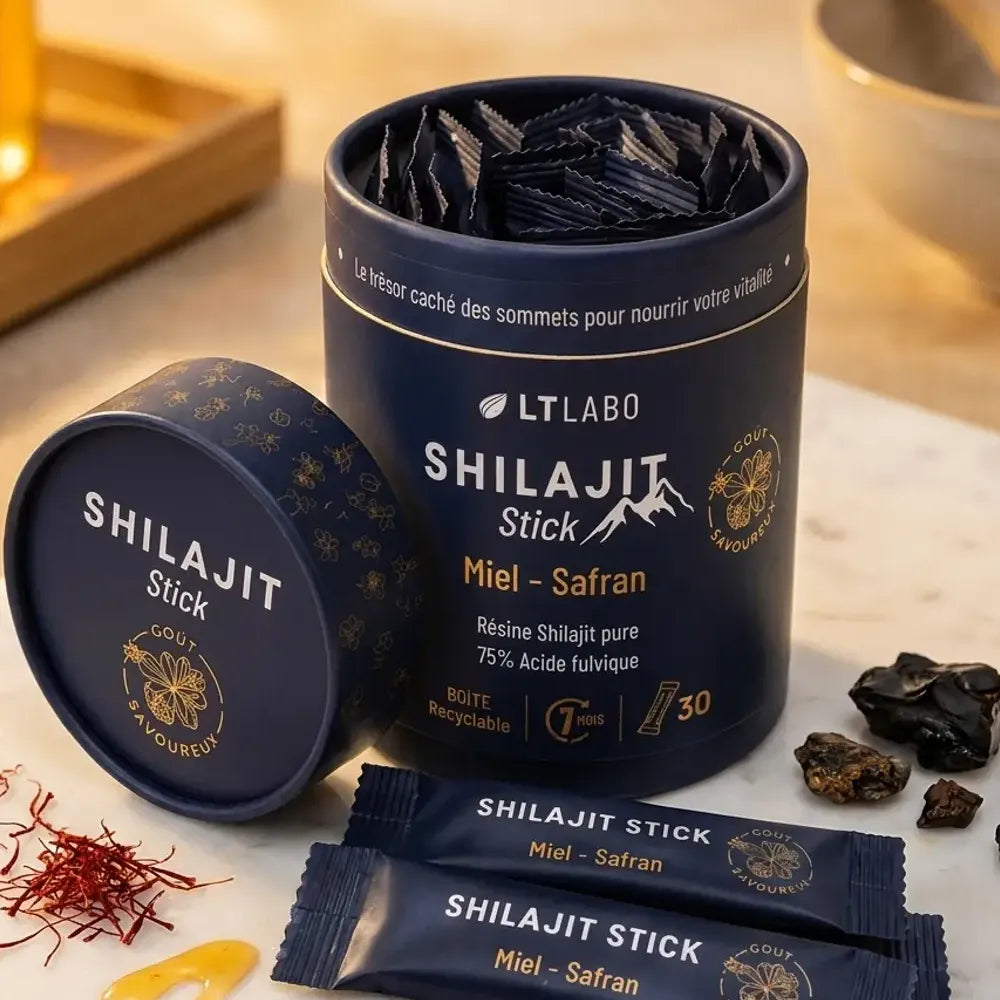 Shilajit Miel Safran 30 sticks LT Labo emballage premium avec bâtons et éléments naturels