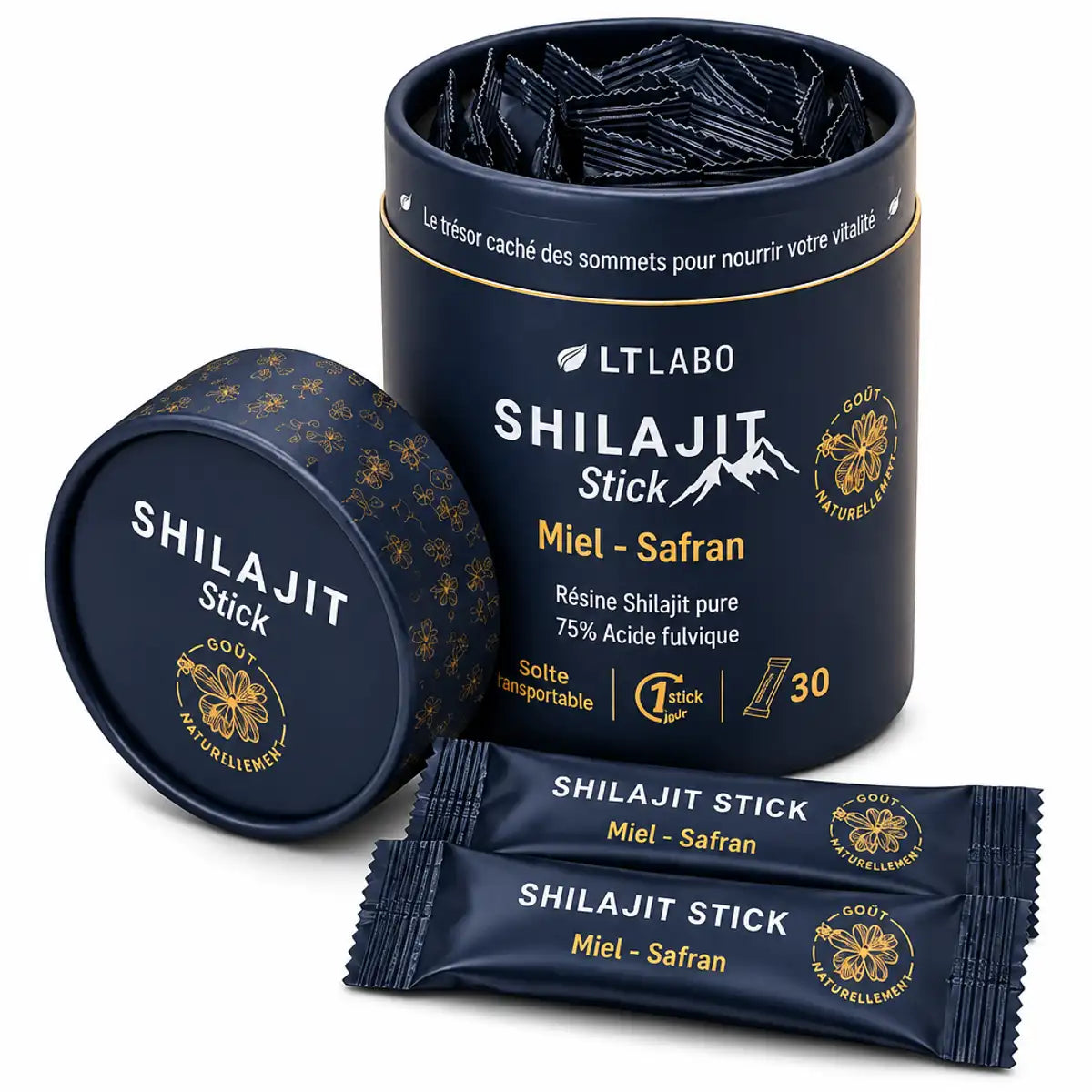 Shilajit Miel et Safran 30 sticks LT Labo boîte bleue avec bâtonnets individuels