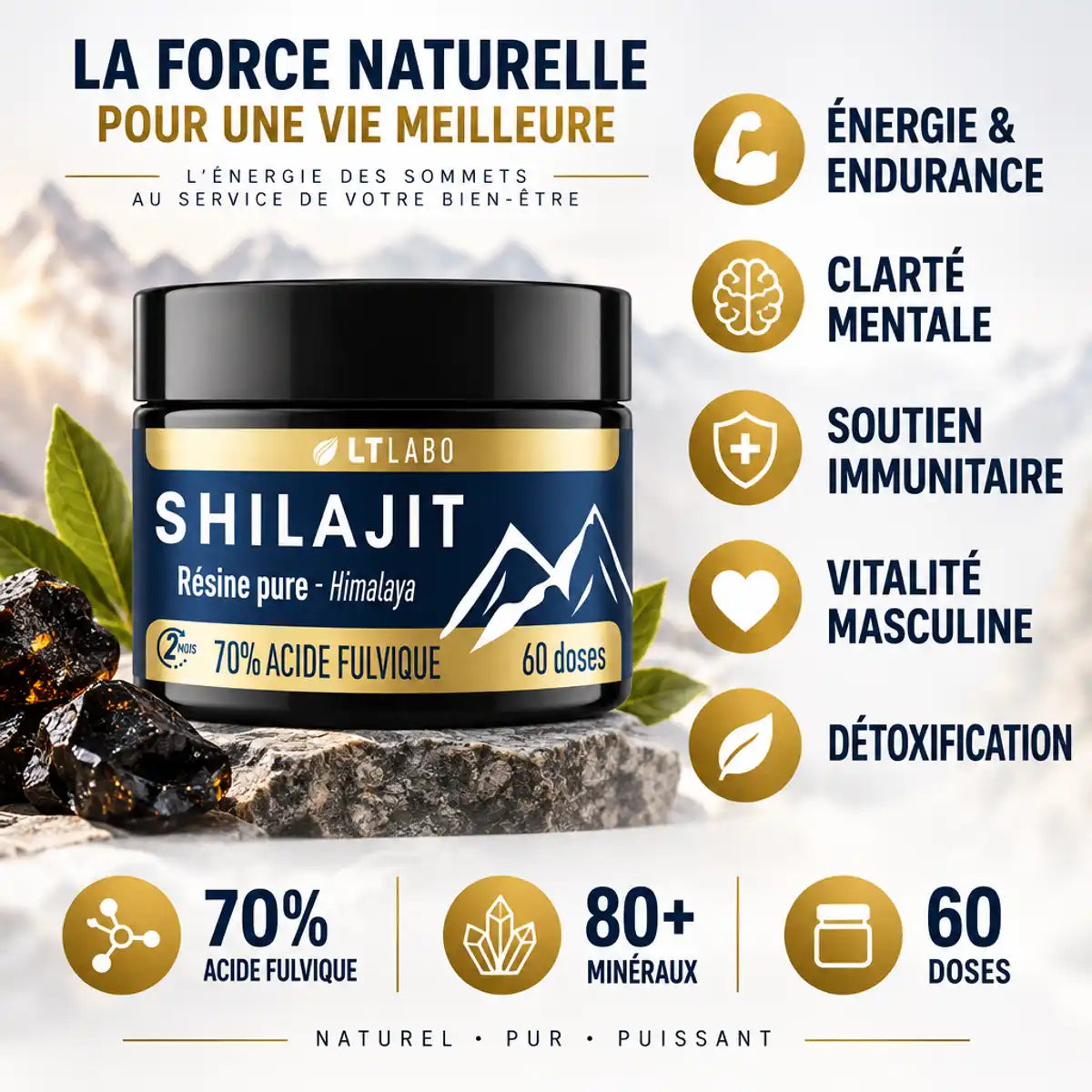 Shilajit résine pure LT Labo 70% acide fulvique avec bénéfices santé : énergie, clarté mentale, immunité