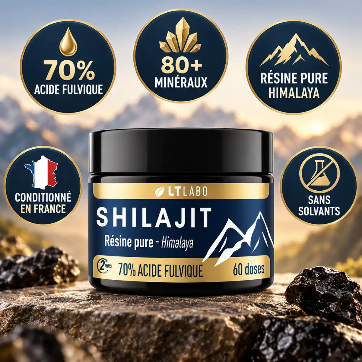 Shilajit résine pure LT Labo 70% acide fulvique, 80+ minéraux, conditionné en France