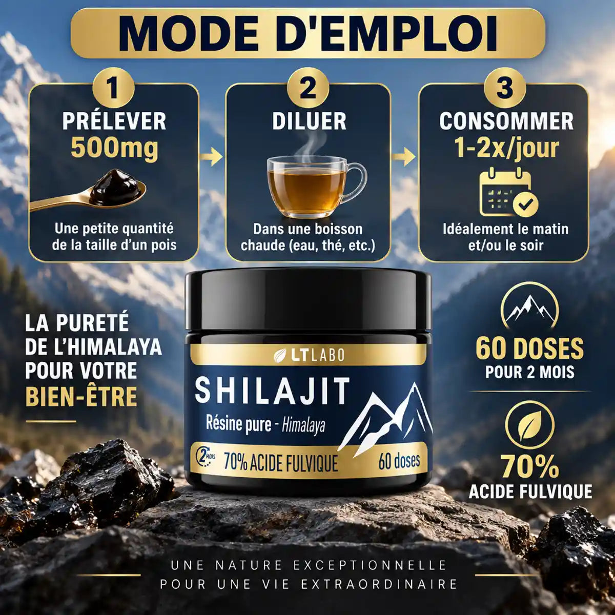 Shilajit résine pure LT Labo 70% acide fulvique - mode d'emploi et posologie