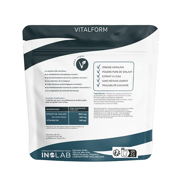 Le verso d'un pack de gélules de Shilajit Vitalform d'INOLAB