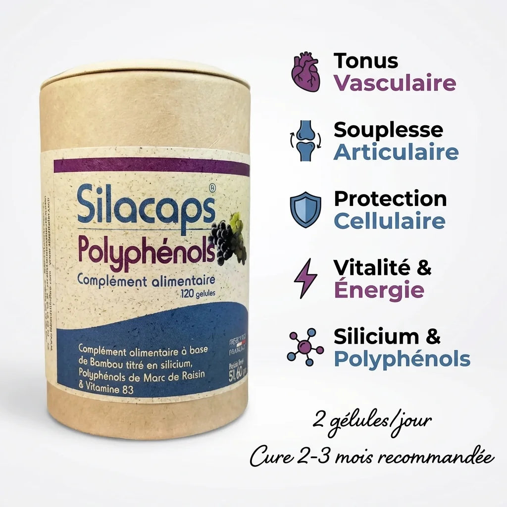 Silacaps Polyphenols 120 gélules - Supplément Labo Santé Silice avec infographie des bénéfices
