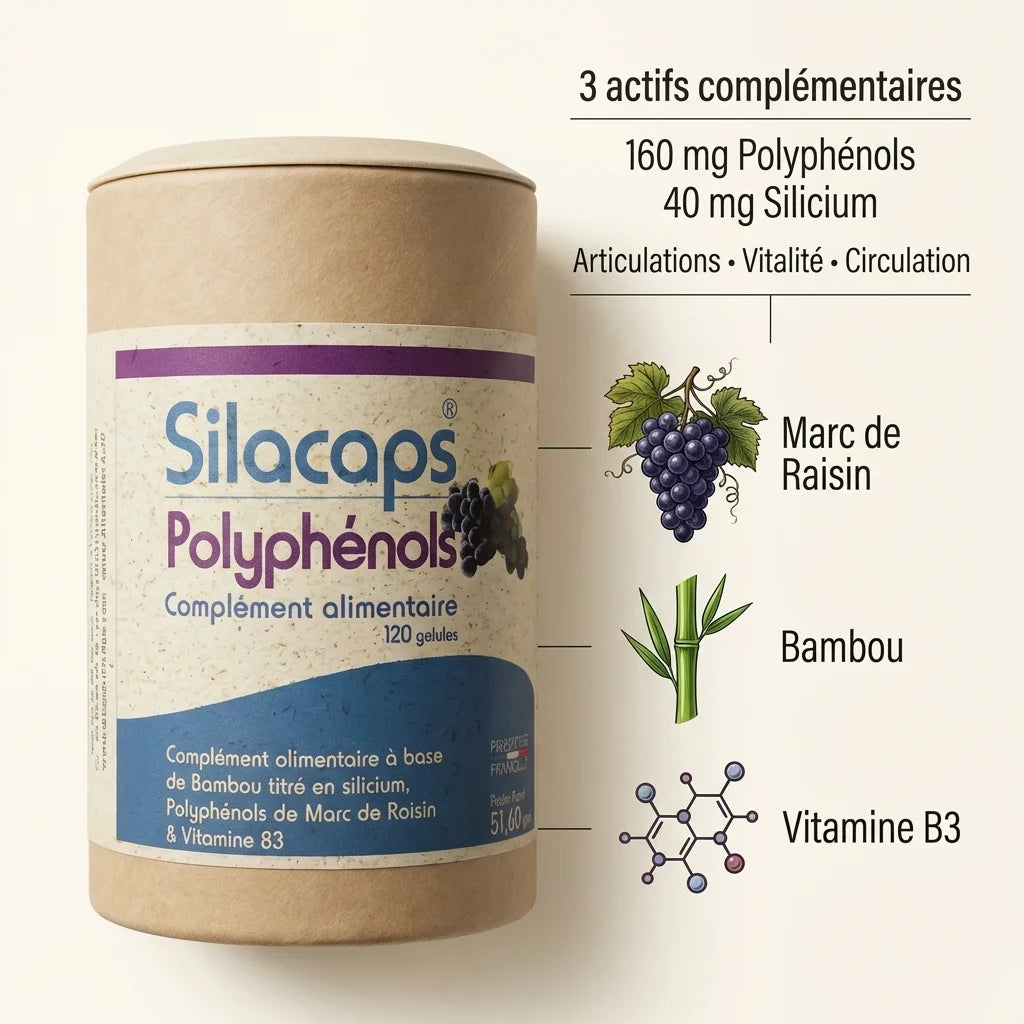 Silacaps Polyphénols 120 gélules avec ingrédients: raisin, bambou, vitamine B3 pour articulations et vitalité