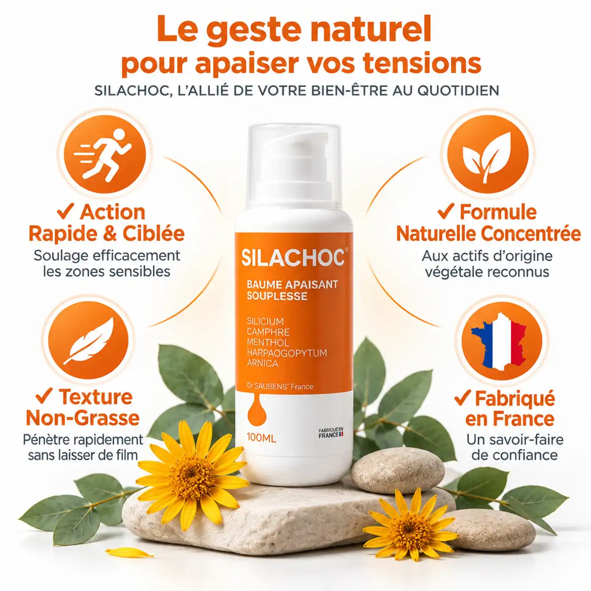 Silachoc 100ml gel articulaire apaisant avec ingrédients naturels et bénéfices clés affichés