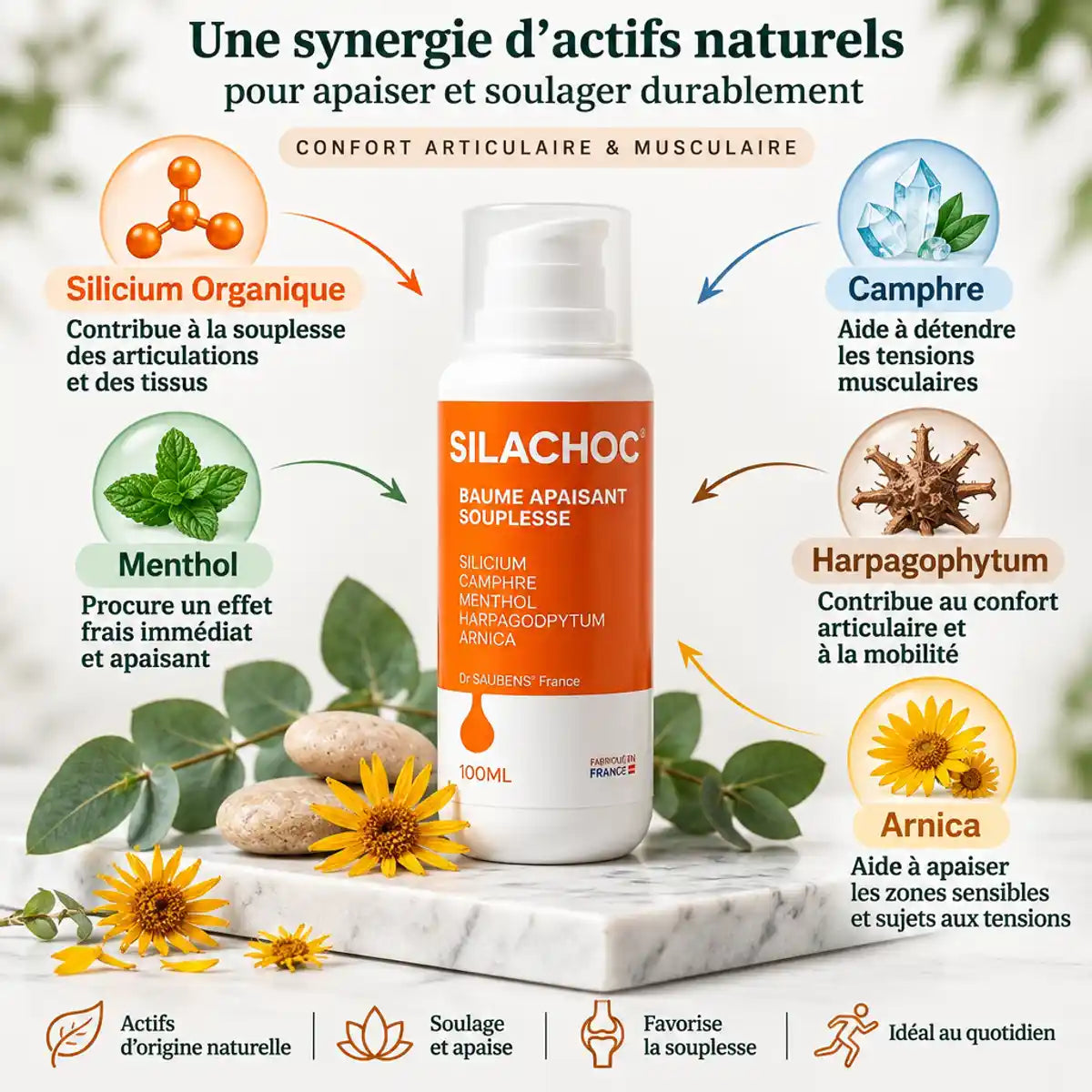 Silachoc 100ml gel articulaire avec ingrédients naturels arnica menthol camphre silicium organique