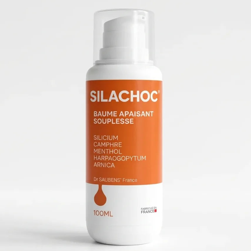 Silachoc 100 ml gel articulaire apaisant avec pompe doseuse, flacon blanc et étiquette orange