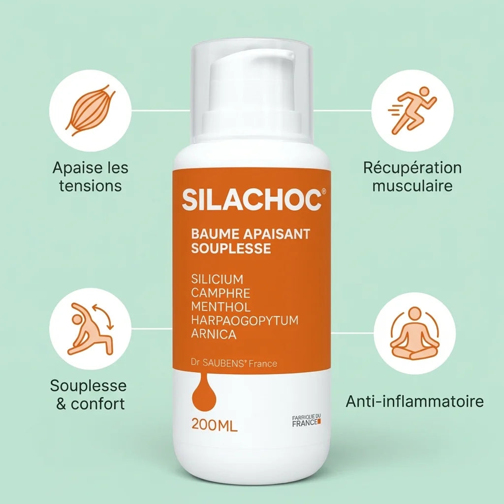 Silachoc 200ml gel apaisant articulaire avec bénéfices : apaisement, récupération musculaire, souplesse et action anti-inflammatoire