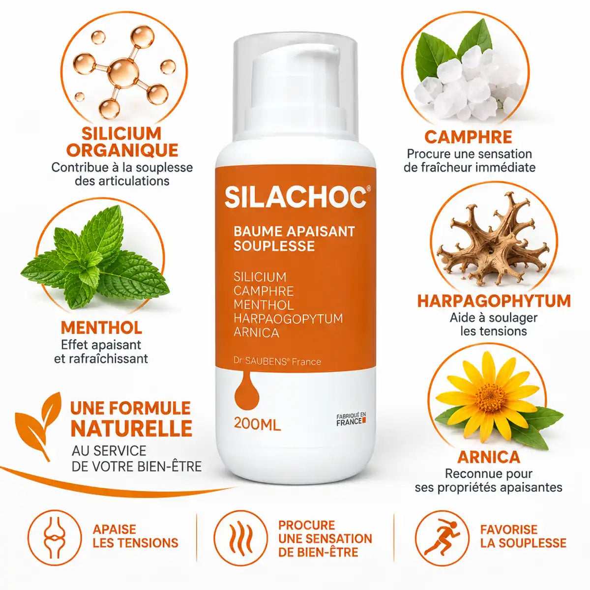 Silachoc 200ml gel apaisant articulaire avec ingrédients naturels silicium organique, camphre, menthol et arnica