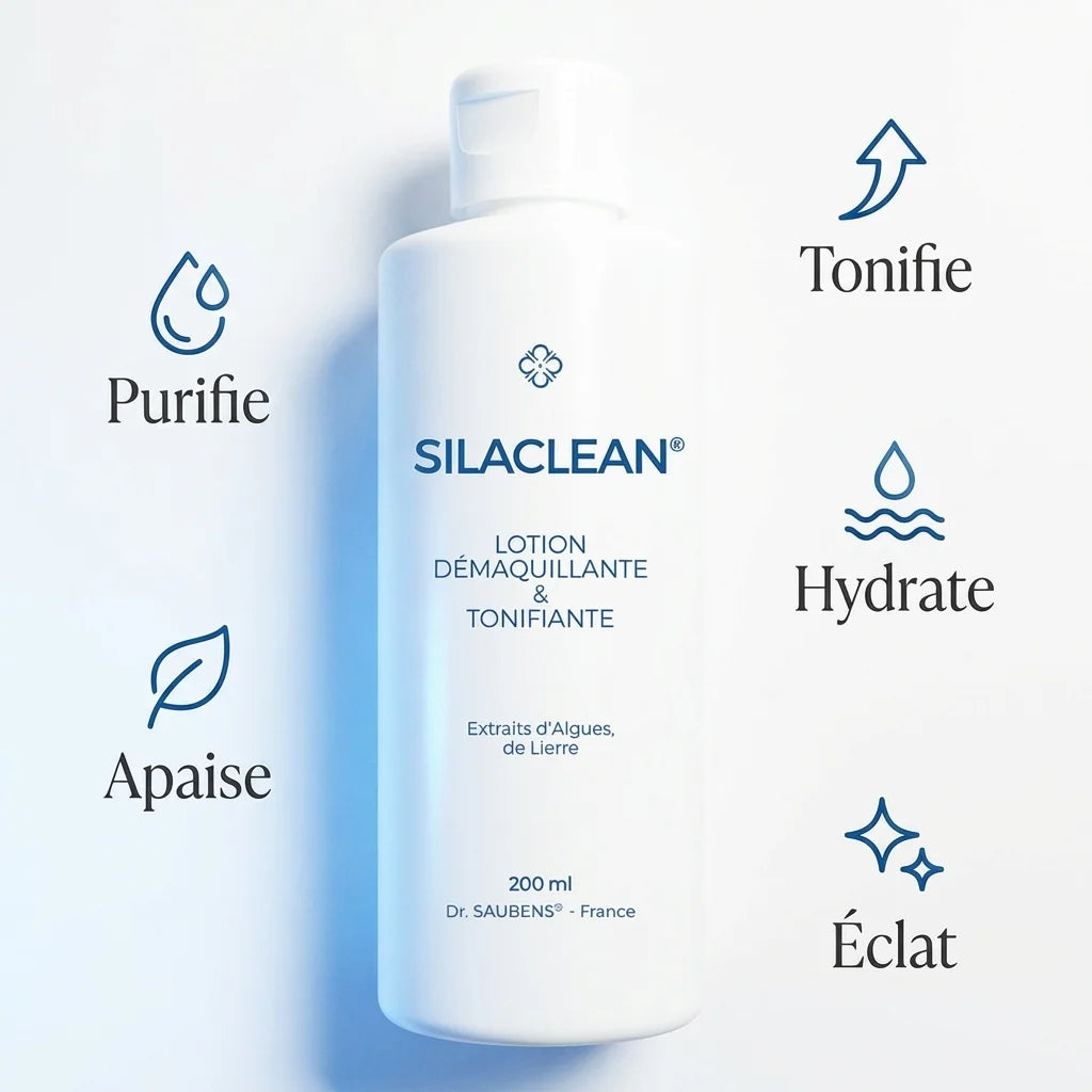 Silaclean lotion démaquillante 200ml avec ses 5 bénéfices : purifie, tonifie, hydrate, éclat, apaise