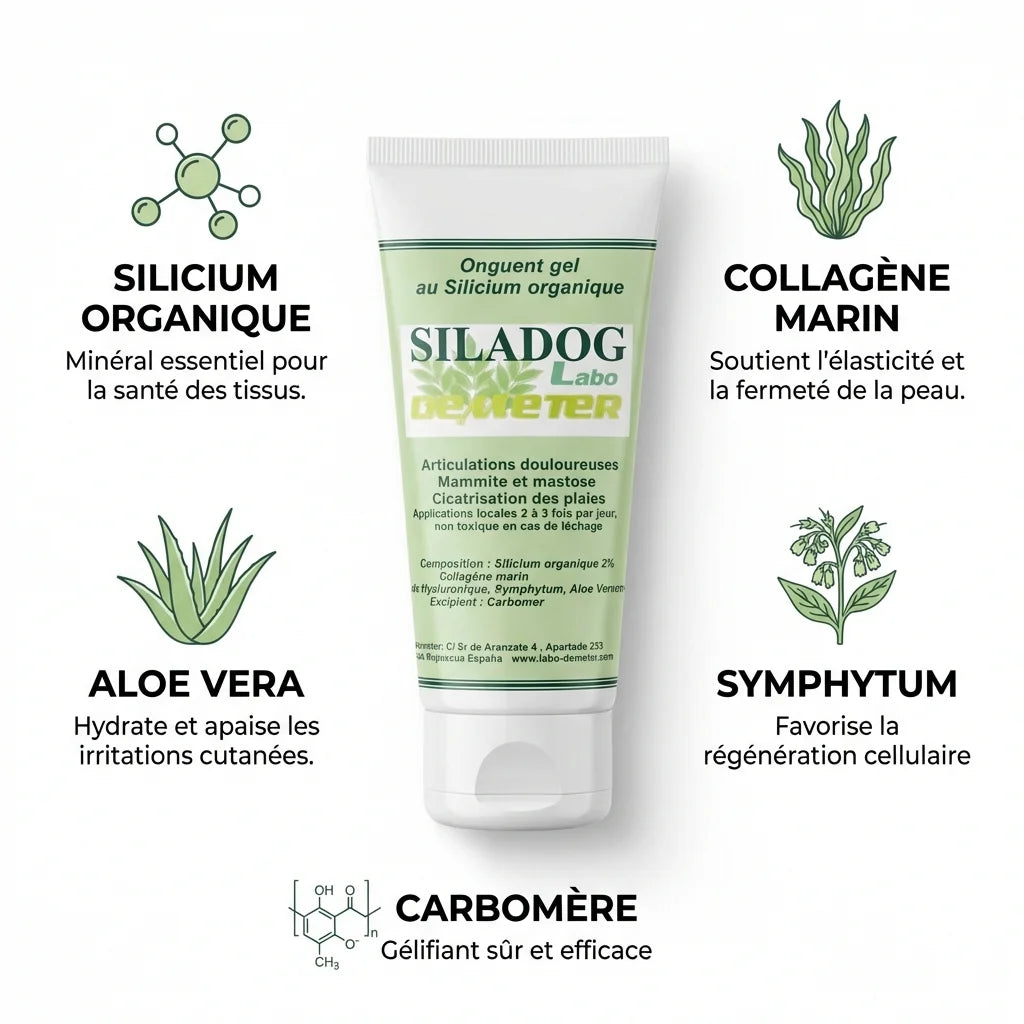 Siladog crème articulations avec ingrédients silicium organique, collagène marin et aloe vera pour chien et chat