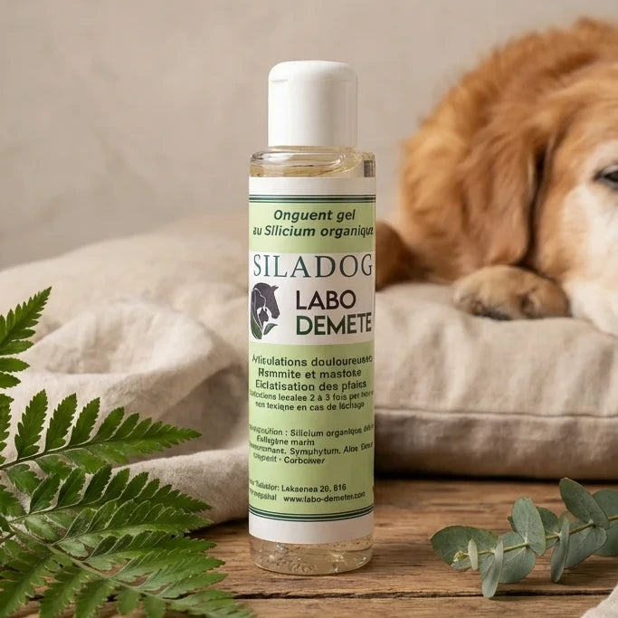 Siladog crème articulations pour chien et chat sur surface bois avec plante verte
