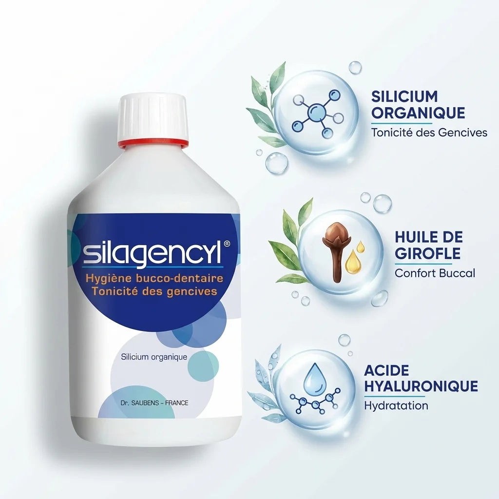 Silagencyl bain de bouche 500ml avec silicium organique, huile girofle et acide hyaluronique pour gencives saines