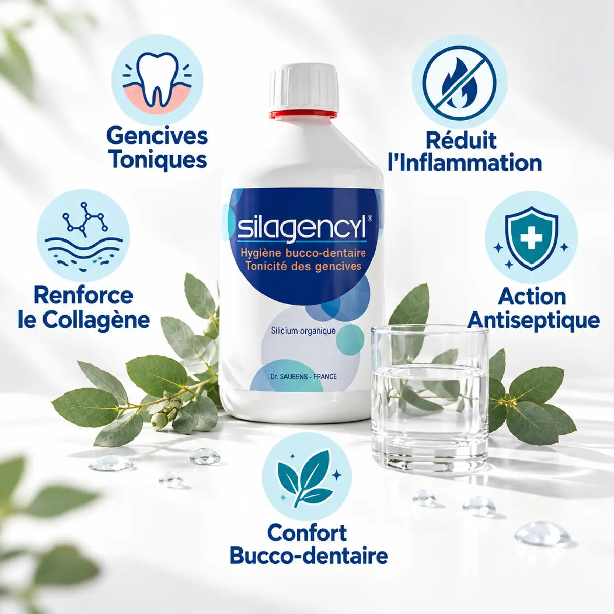 Silagencyl bain de bouche 500ml avec ses 5 bénéfices : gencives toniques, réduit inflammation, renforce collagène