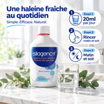 Silagencyl bain de bouche 500ml avec instructions d'utilisation, dosage 20ml jour, rinçage matin soir