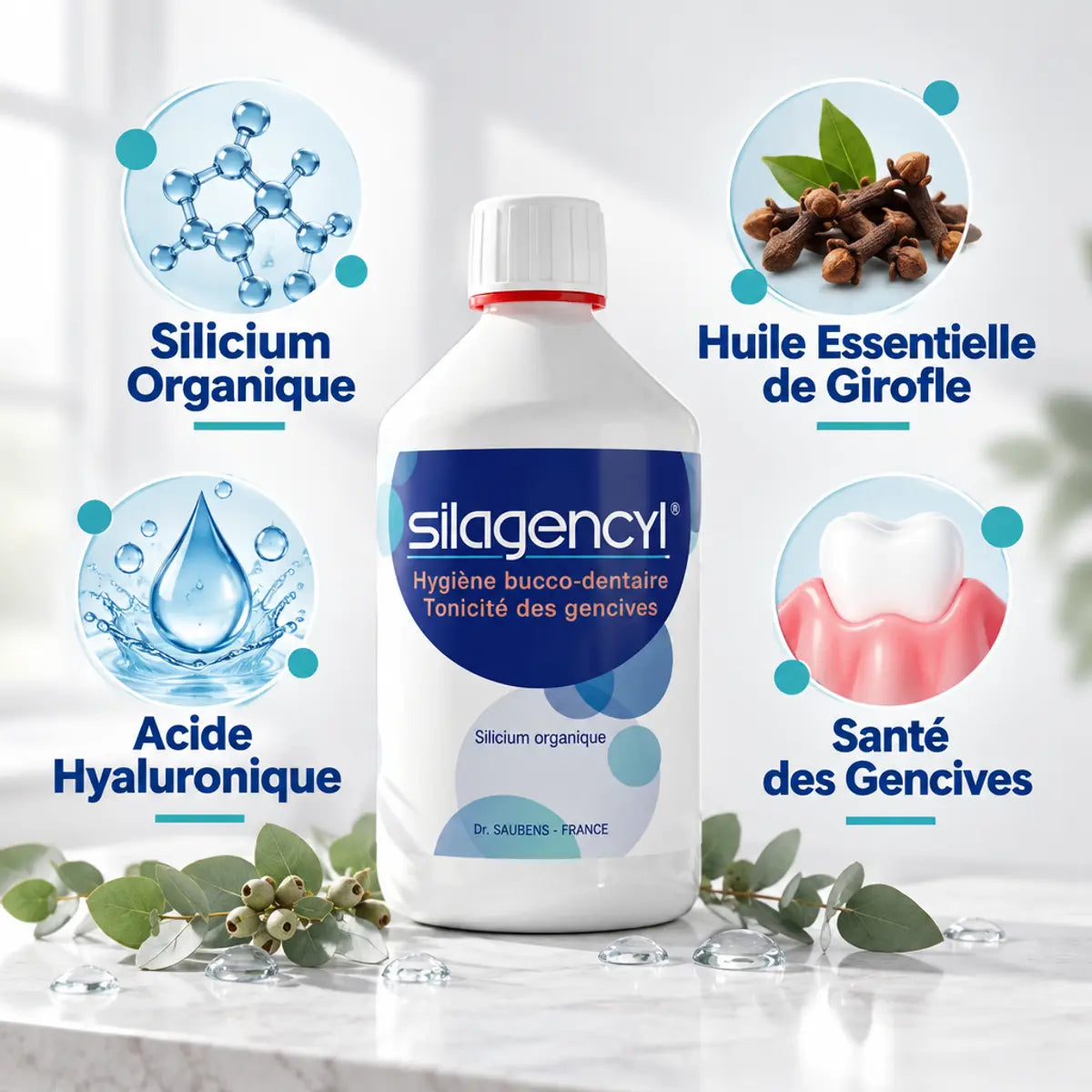 Silagencyl bain de bouche 500ml avec ingrédients actifs silicium organique, clou de girofle et acide hyaluronique