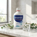 Silagencyl bain de bouche 500ml - Flacon blanc avec bouchon rouge sur vanité marbre, eucalyptus frais