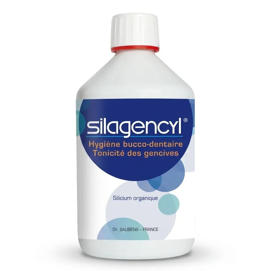Silagencyl bain de bouche 500ml flacon blanc avec bouchon rouge, label bleu marine
