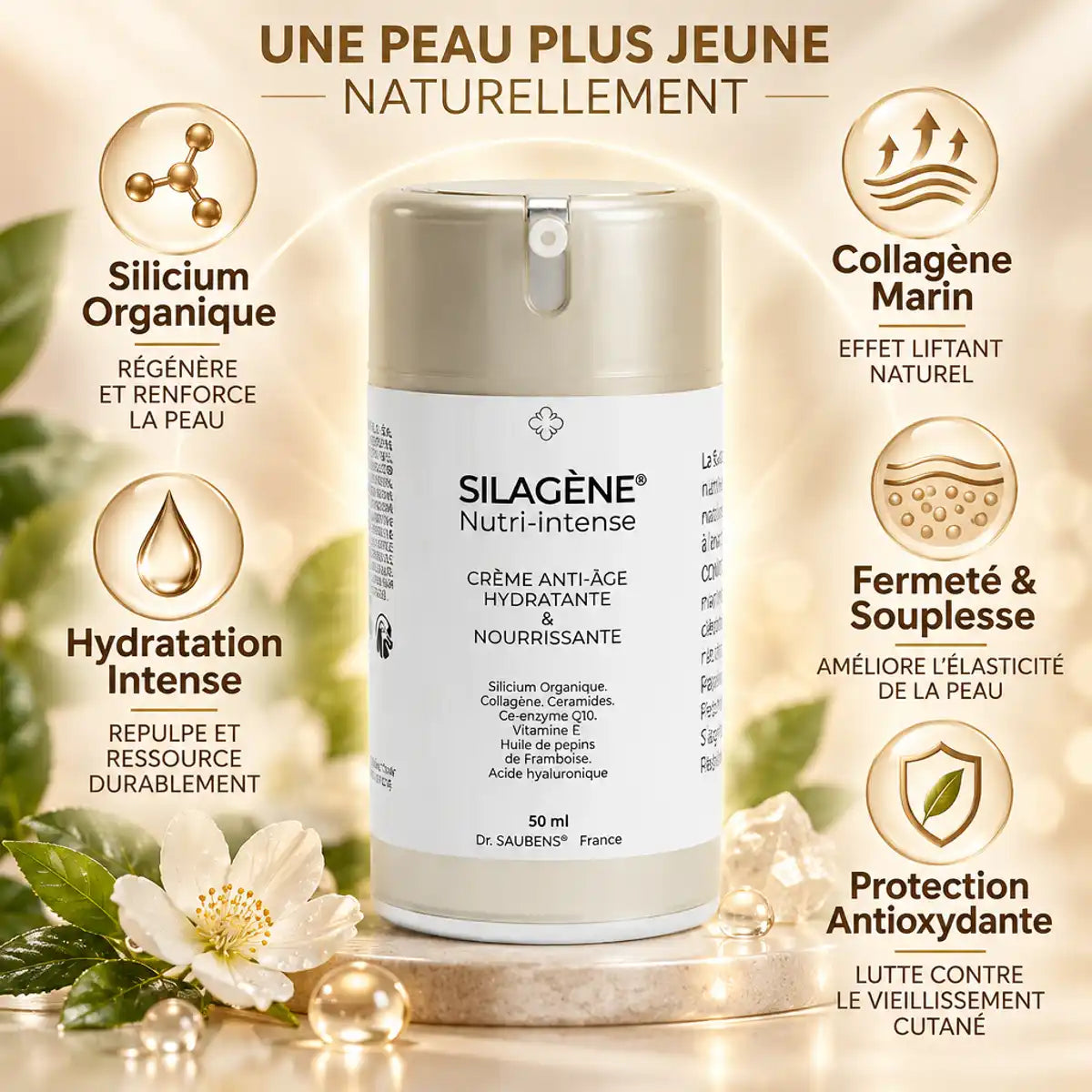 Crème anti-âge Silagène Nutri-Intense 50ml avec silicium organique, collagène marin et hydratation intense