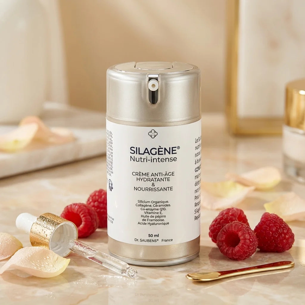 Silagène Nutri-Intense crème anti-âge 50ml sur marbre avec fleurs et framboises
