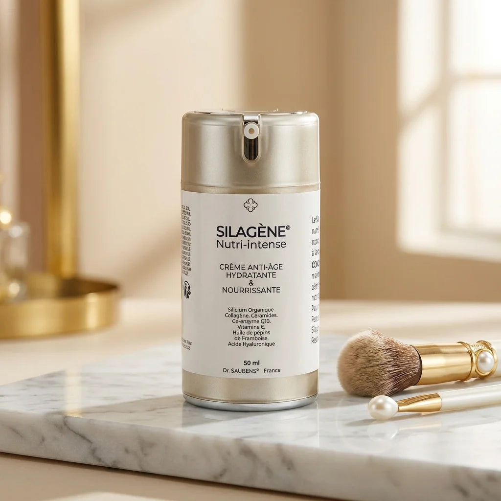Crème anti-âge Silagène Nutri-Intense 50 ml sur marbre avec accessoires beauté haut de gamme