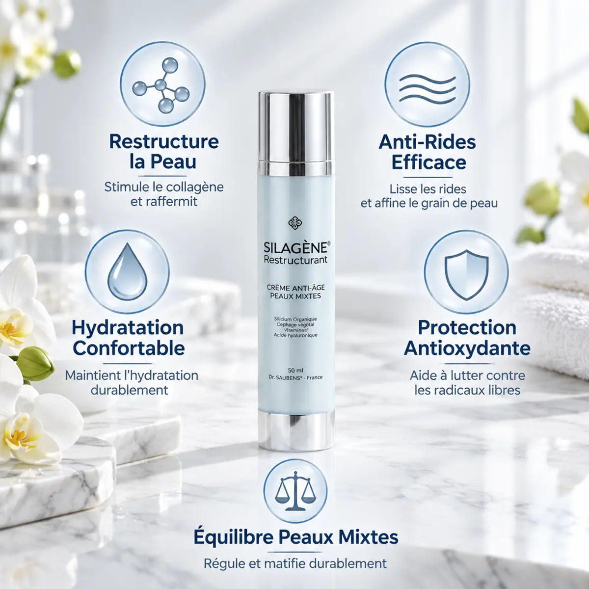 Silagène Restructurant Anti-âge pour peaux mixtes avec bénéfices: restructuration, anti-rides, hydratation, protection antioxydante