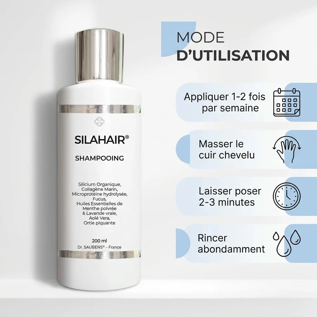Silahair Shampoing Anti-chute 200ml avec guide d'utilisation et instructions d'application hebdomadaire
