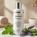 Silahair Shampoing anti-chute 200ml en bouteille blanche, entouré de plantes naturelles sur marbre