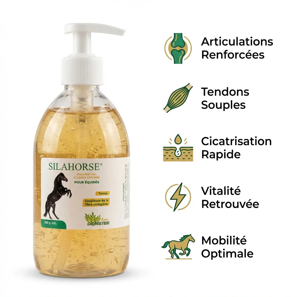 Gel Silahorse pour articulations et tendons du cheval avec ses 5 bénéfices clés illustrés