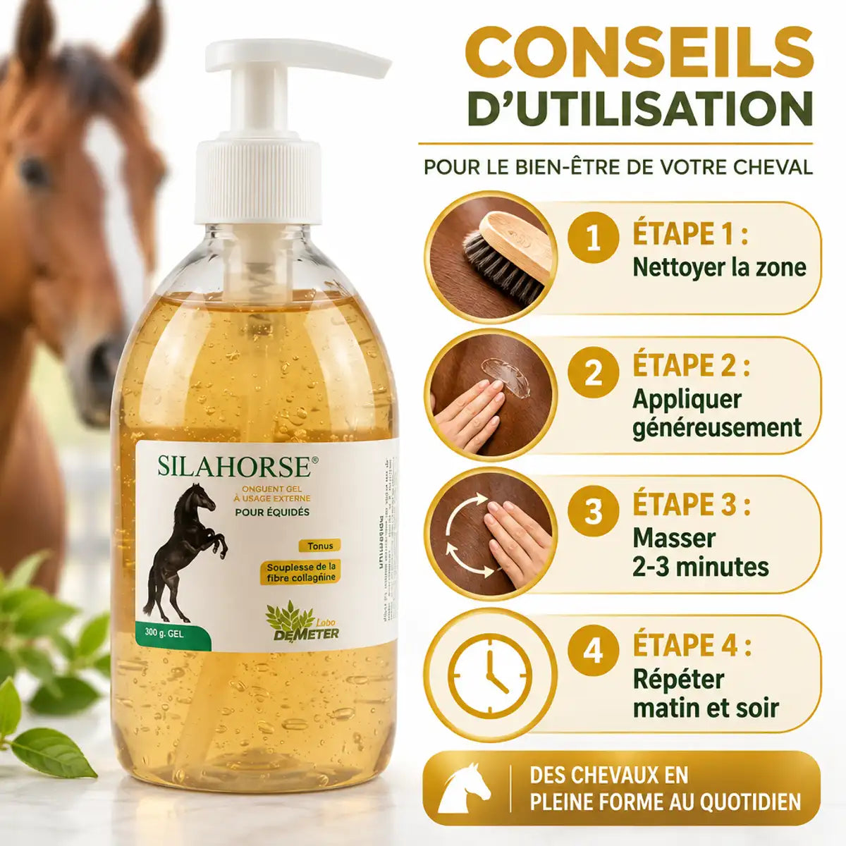 Gel Silahorse 300g articulations cheval avec guide application 4 étapes