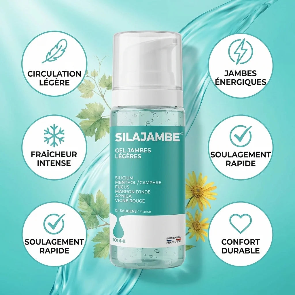 Silajambe gel 100ml avec infographie des 5 bénéfices pour jambes légères et circulation