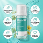 Silajambe gel 100ml avec infographie des 5 bénéfices pour jambes légères et circulation