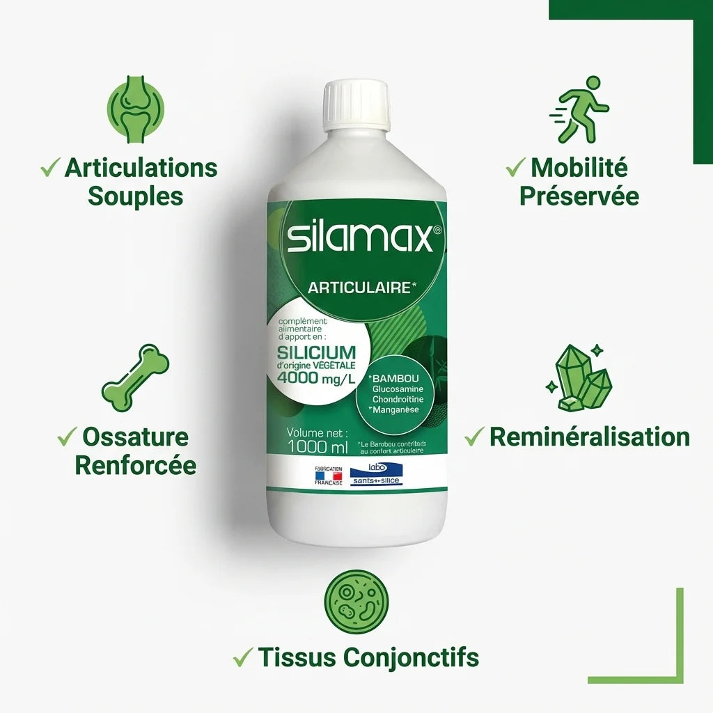 SILAMAX Silicium 4000mg/L bouteille 1L avec bénéfices : articulations, os, tissus et mobilité