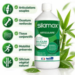 SILAMAX Silicium 4000mg/L avec icônes bénéfices articulations, os et mobilité sur fond blanc