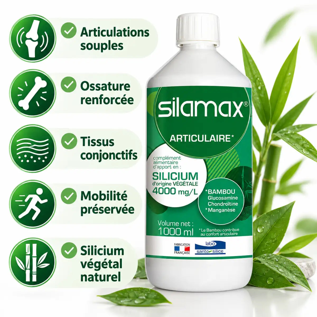 SILAMAX Silicium 4000mg/L avec icônes bénéfices articulations, os et mobilité sur fond blanc