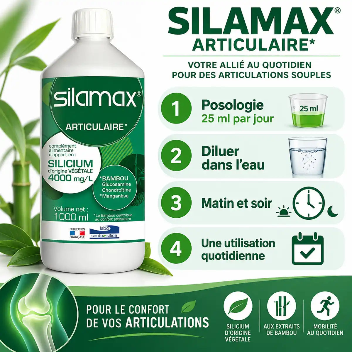 Bouteille Silamax silicium 4000mg/L avec posologie 25ml par jour, diluer dans l'eau